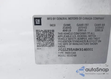 2019 Chevrolet Impala Lt z USA, uszkodzony, nr VIN 2G11Z5SA8K9146001